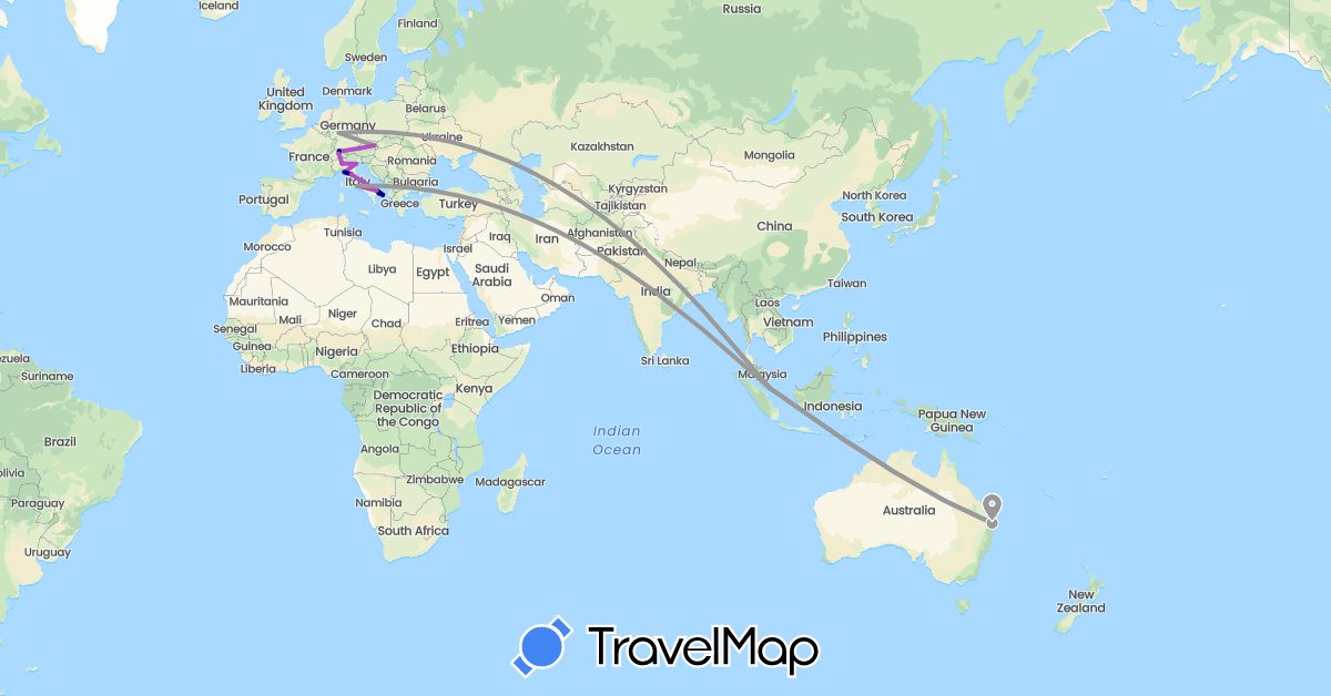 TravelMap itinerary: driving, plane, train in Austria, Australia, Switzerland, Germany, Italy, Singapore (Asia, Europe, Oceania)